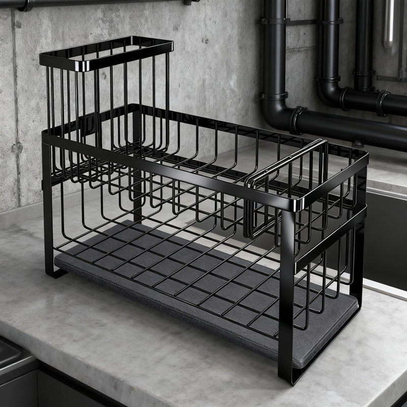 Organisateur d'évier de cuisine à 2 niveaux avec plateau en diatomite à séchage instantané, éponge en acier inoxydable et support à savon à vaisselle pour rangement sur le comptoir