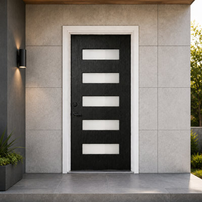 36”x 80”Black Fiberglass Front Entry Door, Brushed Woodgrain Texture, 5-Lite Frosted Low-E Glass, 4-9/16” Vinyl Frame & Brickmould, Knock-Down Door Kit, Right-Hand Inswing