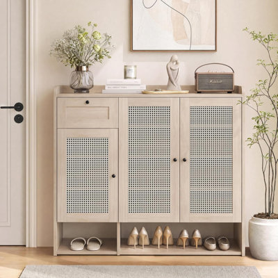 Bamboo Shoe Cabinet With Rattan Doors, Narrow Entryway Organizer, 3 Rattan Doors + Drawer, Adjustable Shelf, Natural Bamboo, Anti-Topple Safety, Fits Narrow Spaces, Living Room & Hallway