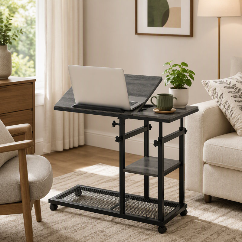 Table C réglable en hauteur, table d'appoint mobile avec planche à dessin inclinable, Gris