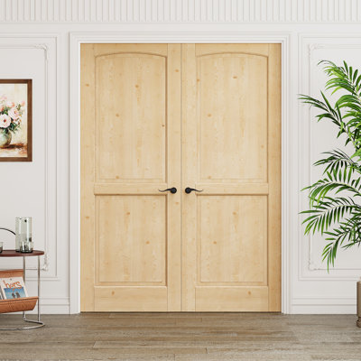 Interior 2-Panel Pine Wood Door, Colonial Natural Solid Pine Double French Doors, White Frame & Matte Black Hardware-Privacy Door Lever with Lock, Latch & Hinges, Unfinished & Paintable, Pantry, Room, Bedroom, Bathroom & Closet, 72"x 80"