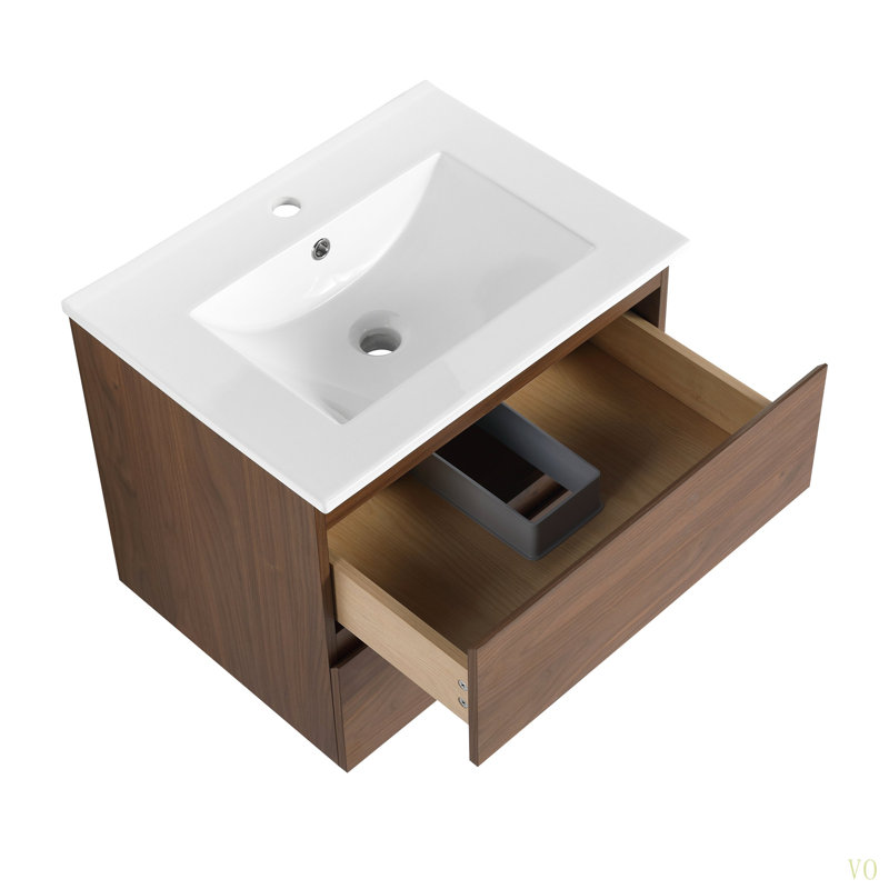 Meuble-lavabo mural 24 po avec lavabo en céramique, 2 tiroirs à fermeture en douceur, ensemble KD, Chêne brun, 24"