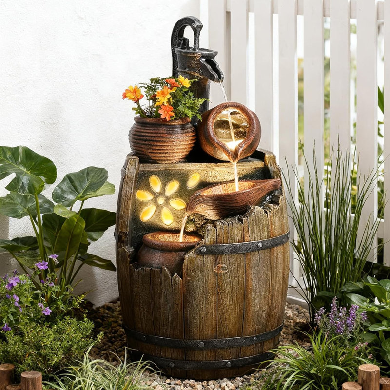  Water Fountain Outdoor 29" H Outside Floor 3 Tiered Rustic Barrel With Light, Pump For Garden, Patio, Deck, Porch, Backyard Home Decor