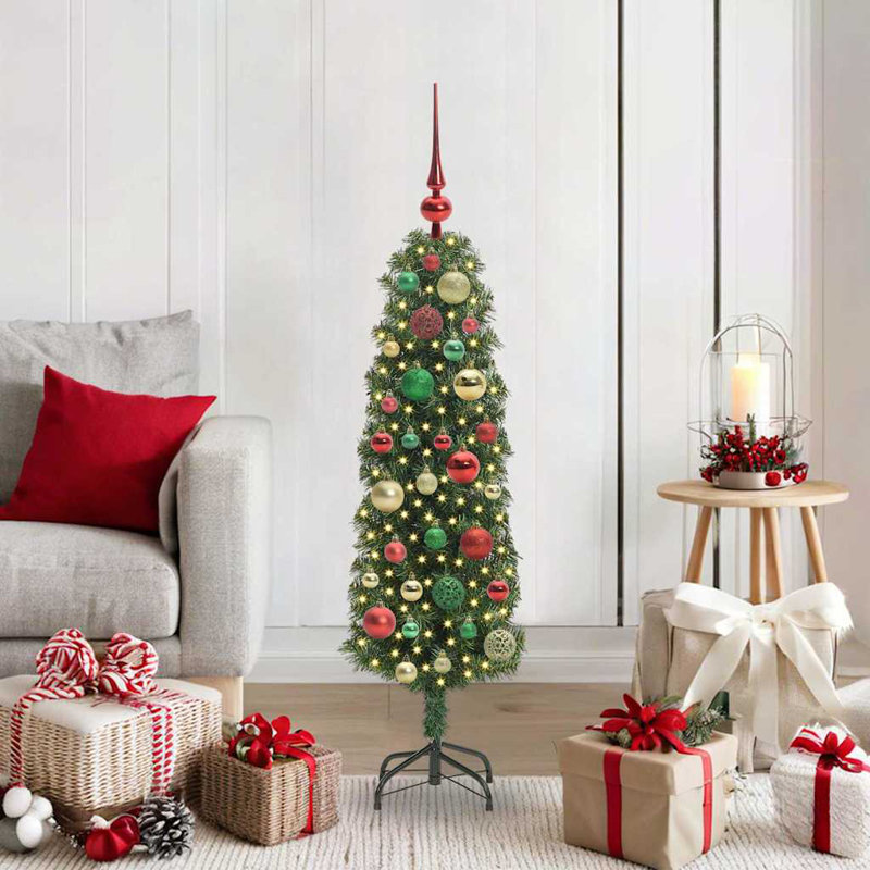 Artificial Christmas Tree with 150 LEDs with Stand, Red/Green/Gold, 3.94' H