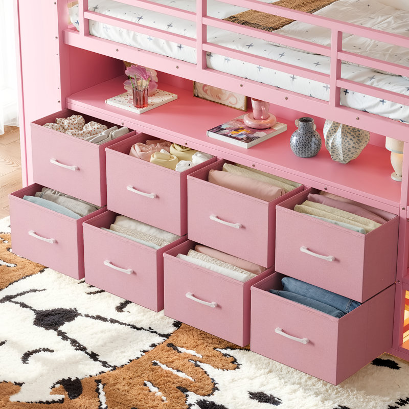 Lit mezzanine Nook Twin Low en métal pour enfants avec tiroirs de rangement et éclairage DEL, Pink
