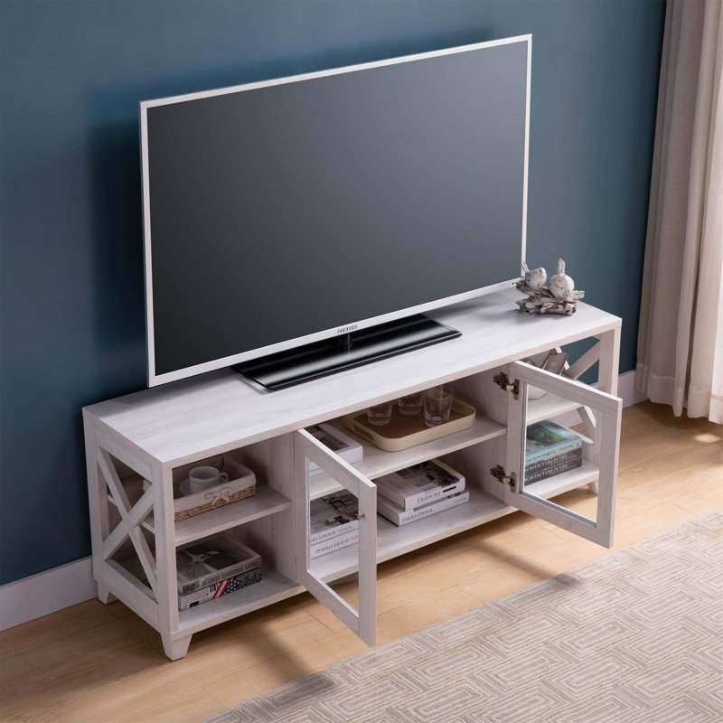 Farmhouse Style Home Entertainment Center TV Stand with Four Shelves and Transparent Center Cabinet for Organized Entertainment Spaces