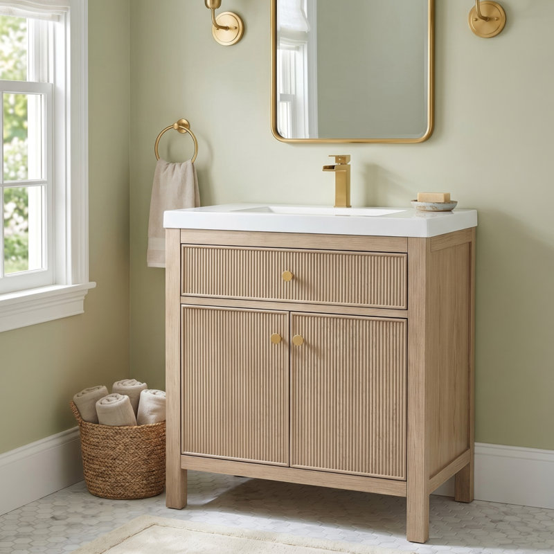 Lala 30" Single Bathroom Vanity in Engineered Stone Integrated Sink without Mirror, Natural Oak