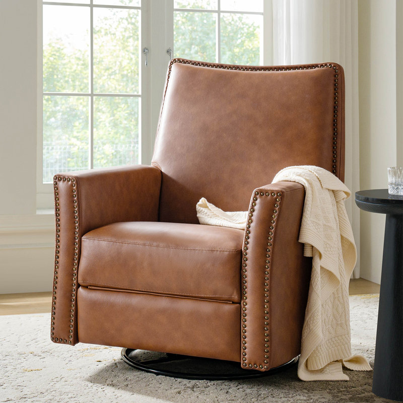 Jerseyville Transitional Leather Swivel Rocker Manual Recliner, Sand