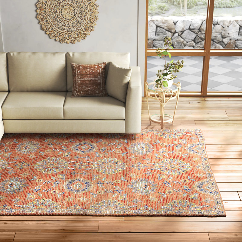 Fason Floral Hand Knotted Area Rug, Rectangle 7'6" x 9'6", Spice