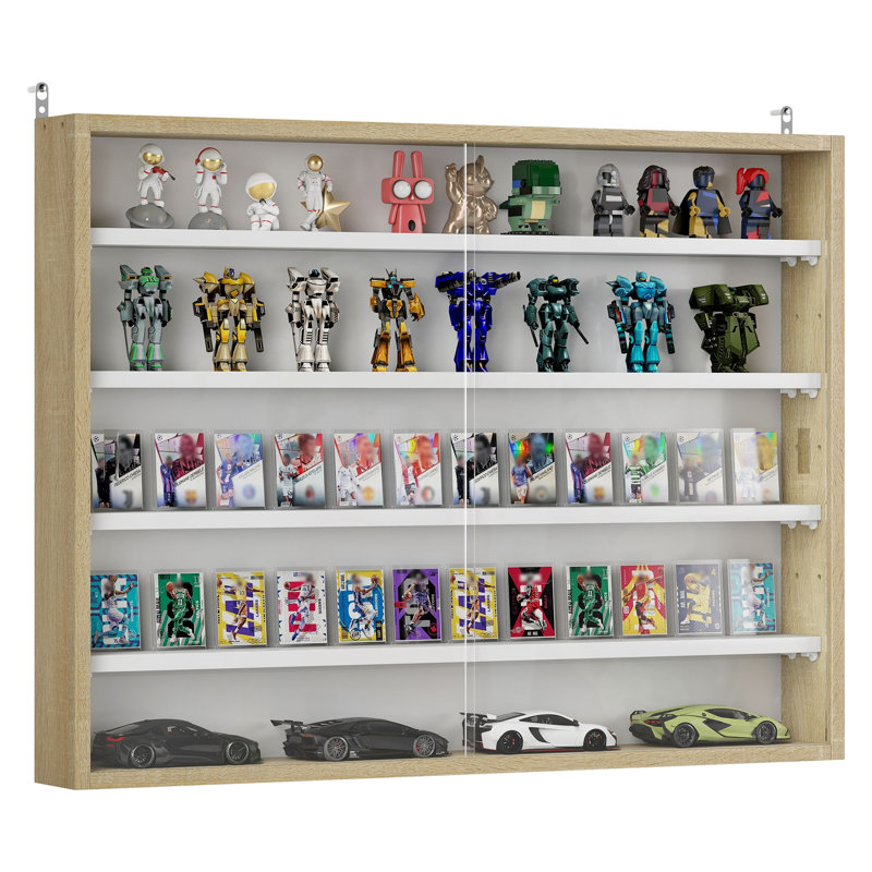 Vitrine murale HOMCOM à 5 niveaux avec portes vitrées et étagères réglables, chêne et blanc
