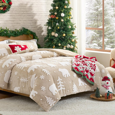 Ensemble d'édredon beige avec ours polaire pour grand lit Christmas
