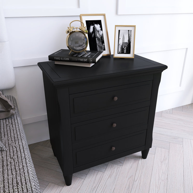 Table de chevet en pin avec 3 tiroirs et rails coulissants, Noir