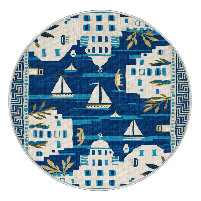  Tapis nautique lavable à motif d'îles grecques, Rond 7 pi