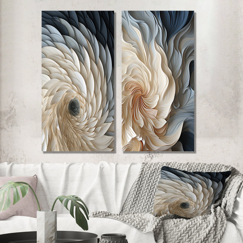 Plume blanche et bleue en spirale I - ensemble de 2 décorations murales géométriques abstraites, H 28 po x l 25 po