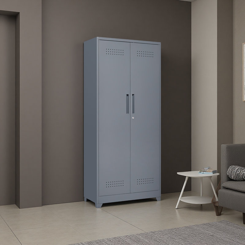 Metal Lockers, Cleaning Tool Cabinets With Locking Doors, High Broom Tool Storage Cabinets, Adjustable Shelves, Gray