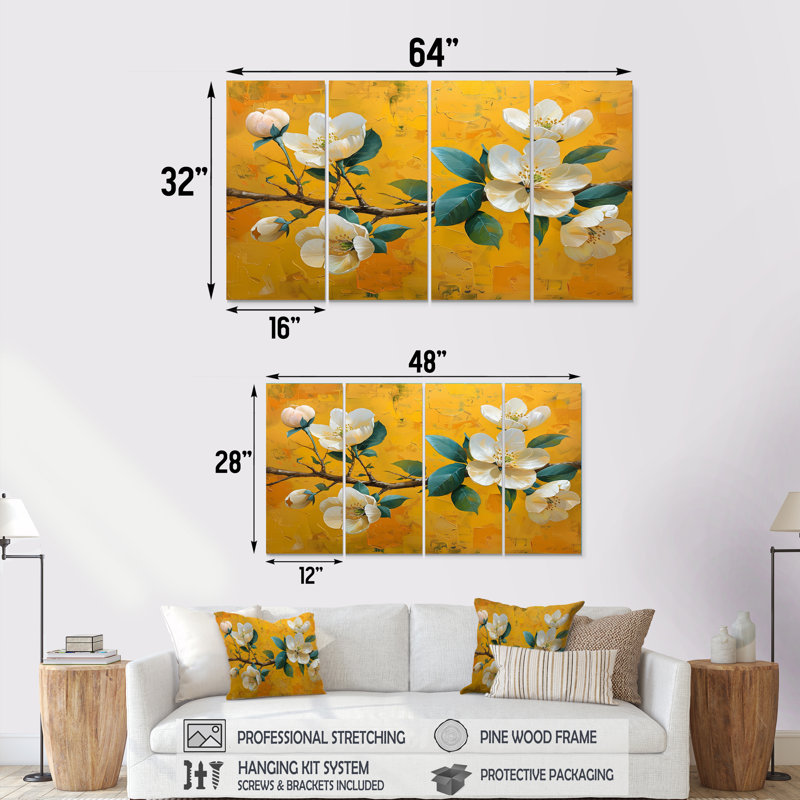 Ensemble de salon art floral jaune avec fleurs de pommier jaune I, H 28 po x l 48 po