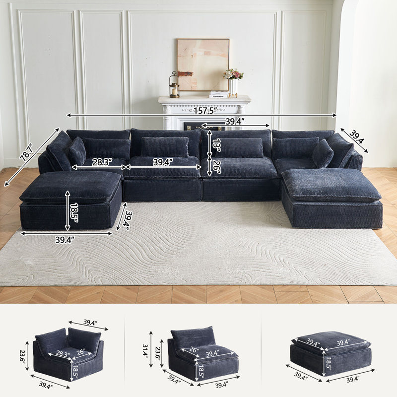 151.7'' W U Shaped 6-Piece Modular Cloud Sectional Sofa With Two Ottoman, 31.5" H x 151.7" W x 78.7" D, Dark Gray Fabric