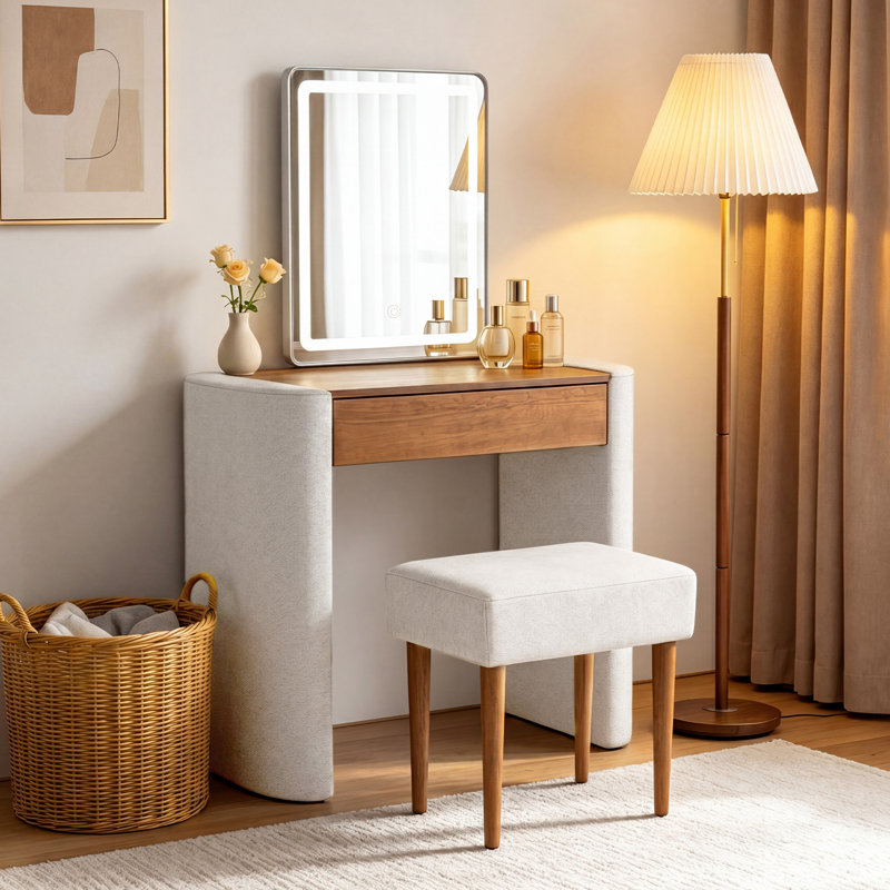 Ensemble de coiffeuse avec miroir à 3 modes de réglage de la luminosité avec tiroir pour le salon, Brun / Blanc