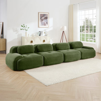 Canapé 4 places en velours côtelé doux 32D éponge haute résilience ergonomique compatible avec les animaux de compagnie compression complète sans emballage combiné sans assemblage pour les études de chambre à coucher, vert olive