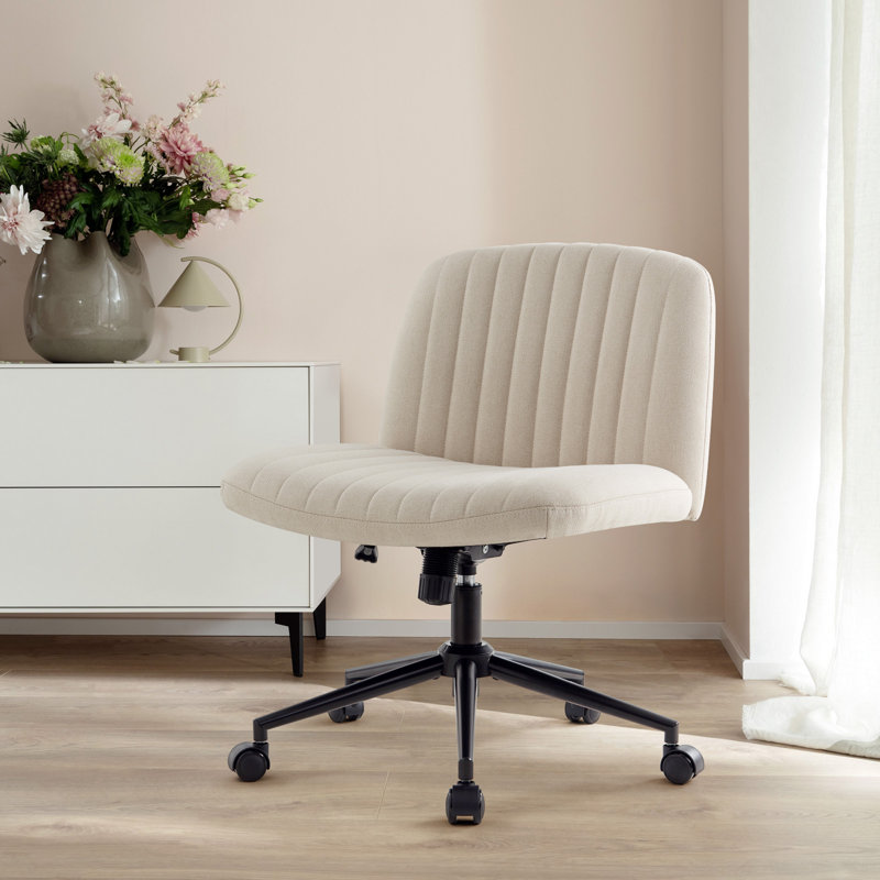 Milicent Armless Wide Desk Chair with Wheels, Beige, Linen