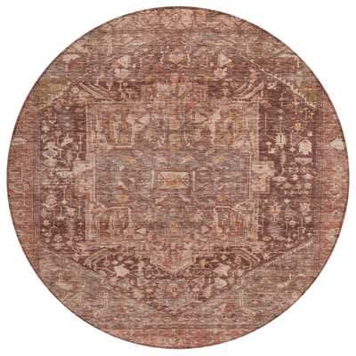 8' Burgundy Round Medallion Washable Indoor Outdoor Area Rug