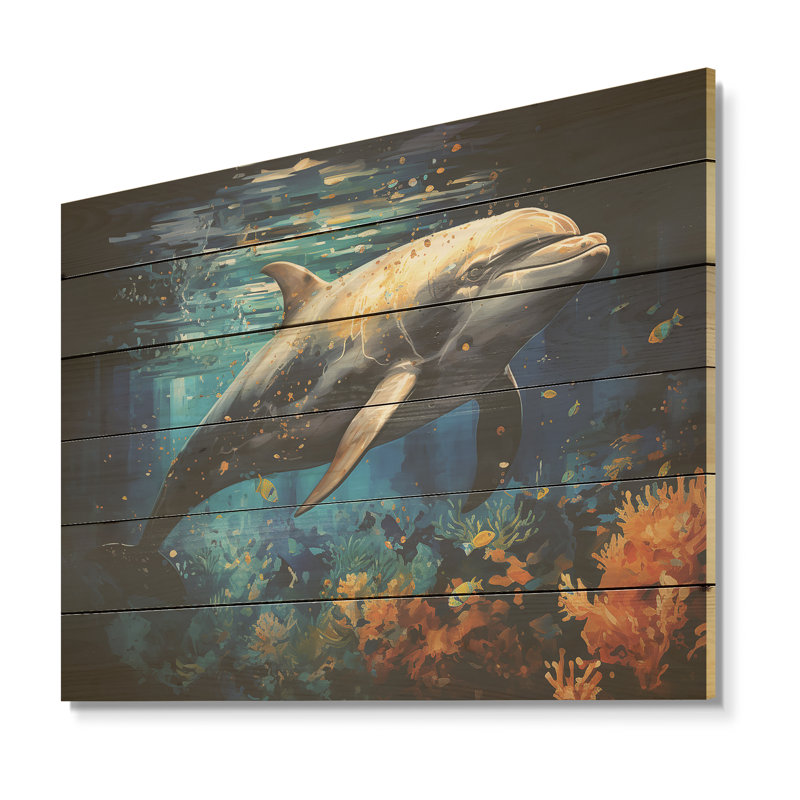 Dolphin Odyssey - Art mural en bois de dauphin sur bois de pin naturel, H 24 po x l 32 po