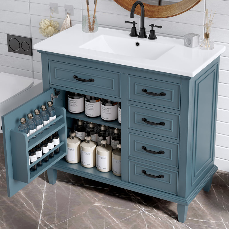 Meuble-lavabo simple 36 po avec plateau en céramique Lee, Bleu