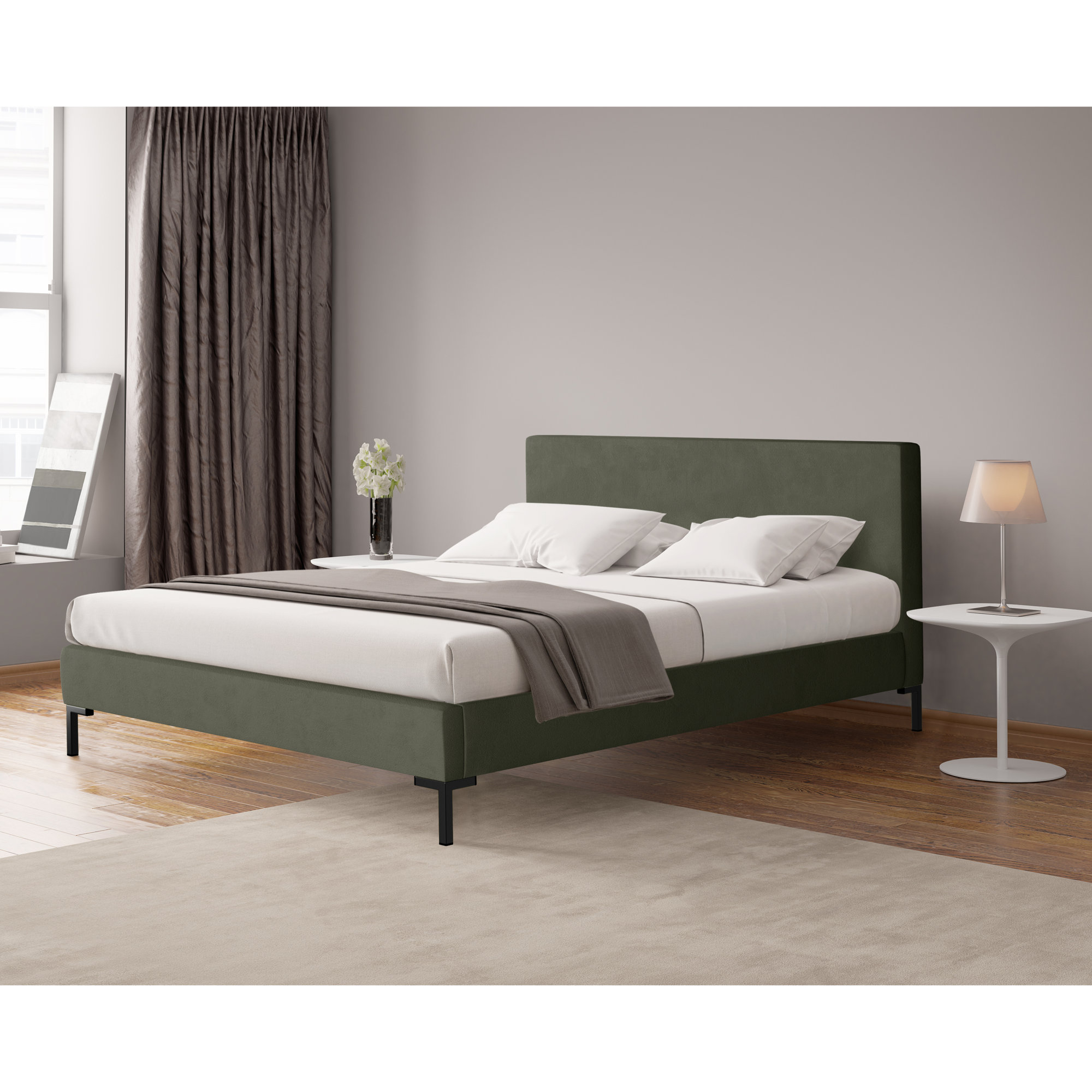 Rand Upholstered Bed, Twin, Bella Light Gray Performance Velvet, Black Wood