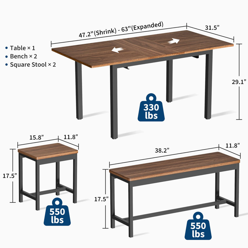 Ensemble de table de salle à manger extensible 5 pièces pour 4 à 8 personnes avec bancs et tabourets, ensemble de cuisine peu encombrant