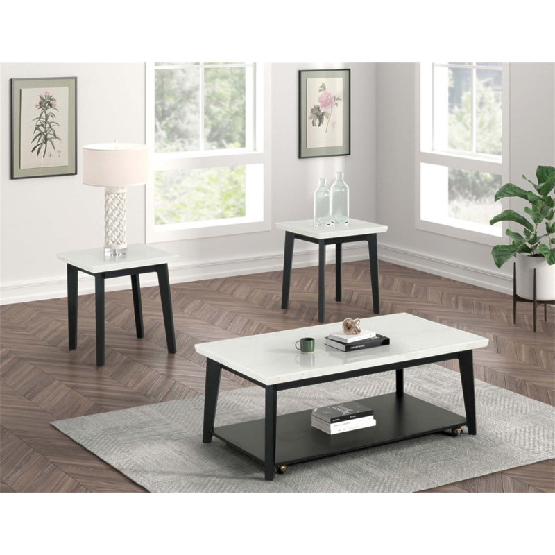 Table basse rectangulaire de style contemporain avec roulettes, plateau en marbre et tablette inférieure pour des espaces de vie élégants