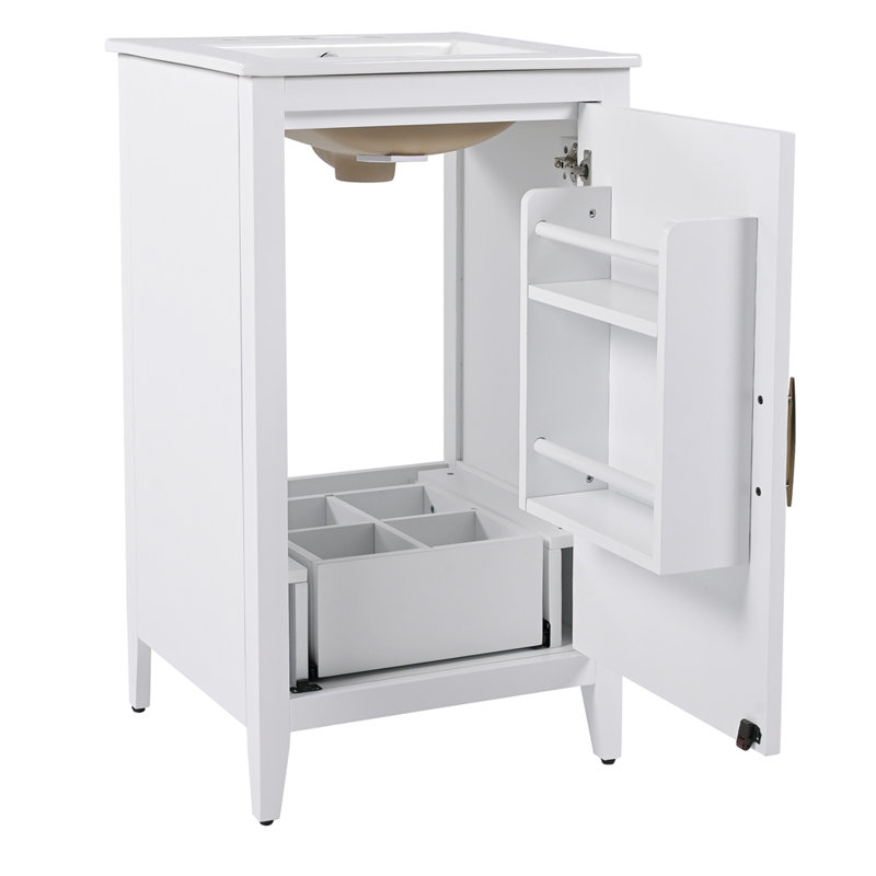 Meuble-lavabo de 20,3 po avec lavabo, tiroir fonctionnel, tablette de porte, porte à fermeture en douceur, Blanc