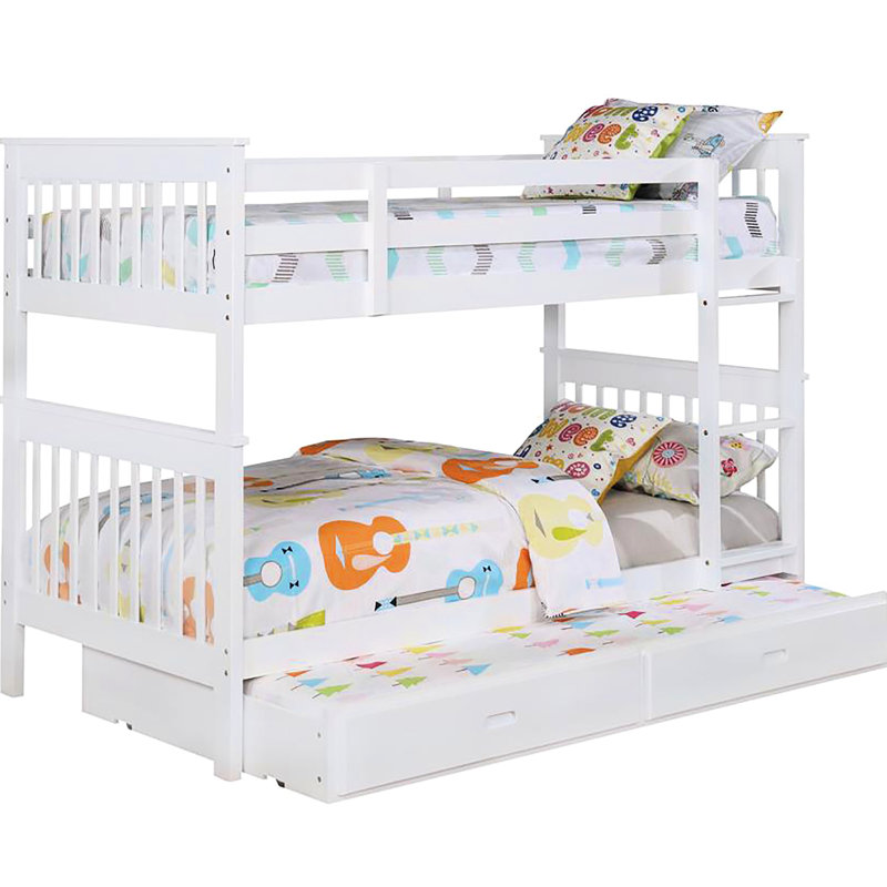 Lit superposé simple / simple au fini blanc, fabriqué en pin et garde-corps pour lit de rangement en pin massif de style contemporain, avec rail, chambre à coucher au look moderne