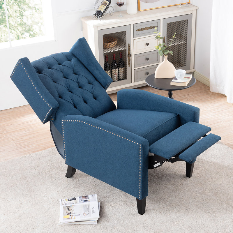 Fauteuil inclinable manuel de 26,44 po de largeur en bleu avec tissu doux et pieds inclinables en bois de bouleau