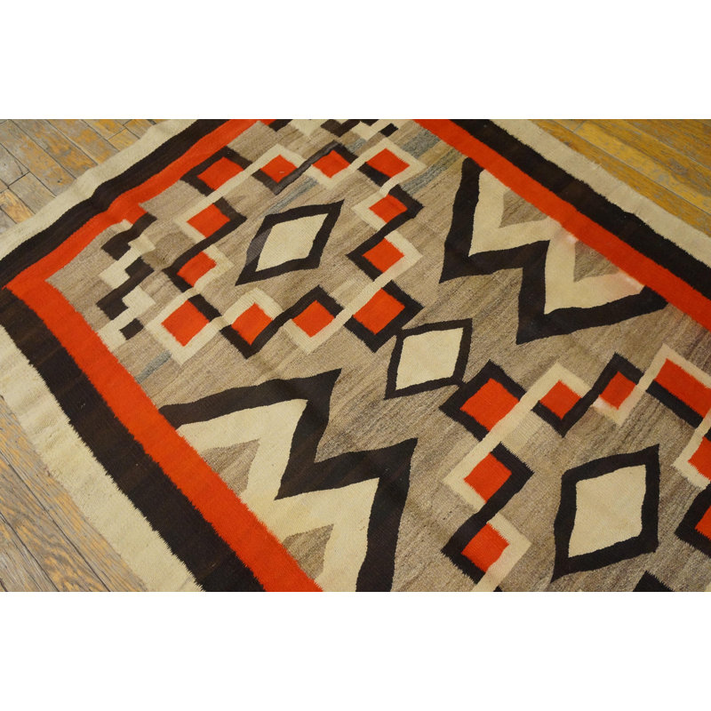 1930s Grey Black Red Antique American Navajo Carpet 4' x 5'8" Flatwoven Wool Rug