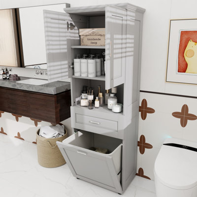 Grande armoire de salle de bain avec panier à linge, grand panier à linge inclinable et armoire de rangement supérieure, gris