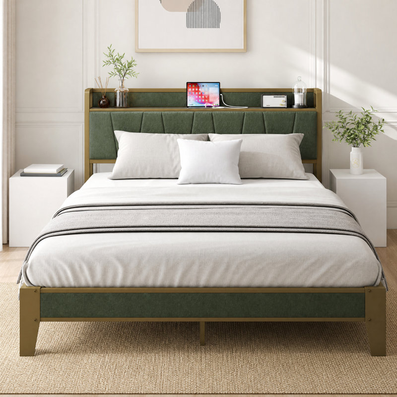 Grand lit Framle avec tête de lit tapissier, lit plateforme avec station de charge, vert foncé , Grand, Dark Green