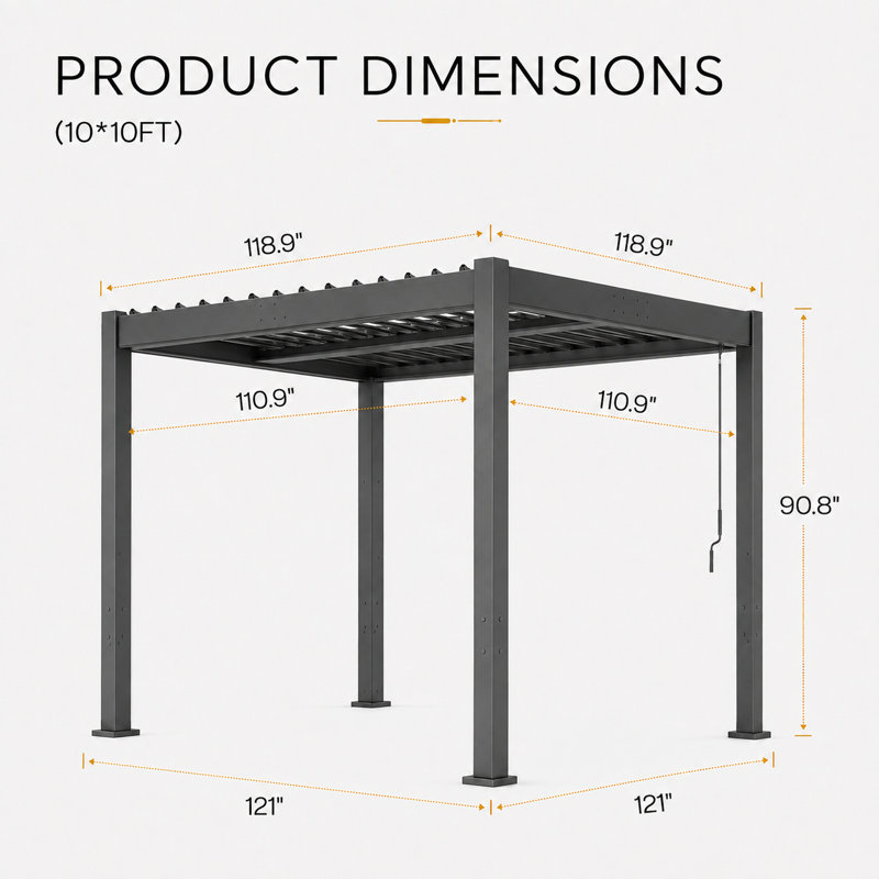 Pergola d'extérieur 10 pi x 10 pi avec toit à persiennes réglable et cadre en aluminium renforcé, 10 pi x 10 pi, Grey