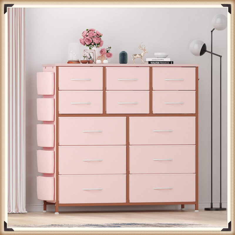 12 Drawer Dresser with Side Pockets & Hooks, Fabric Chest of Drawers for Bedroom, Sturdy Steel Frame, Wood Top