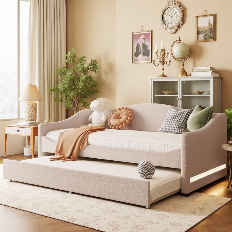 Modern Teddy Fleece LED Upholstered Daybed with Trundle, Beige, Twin