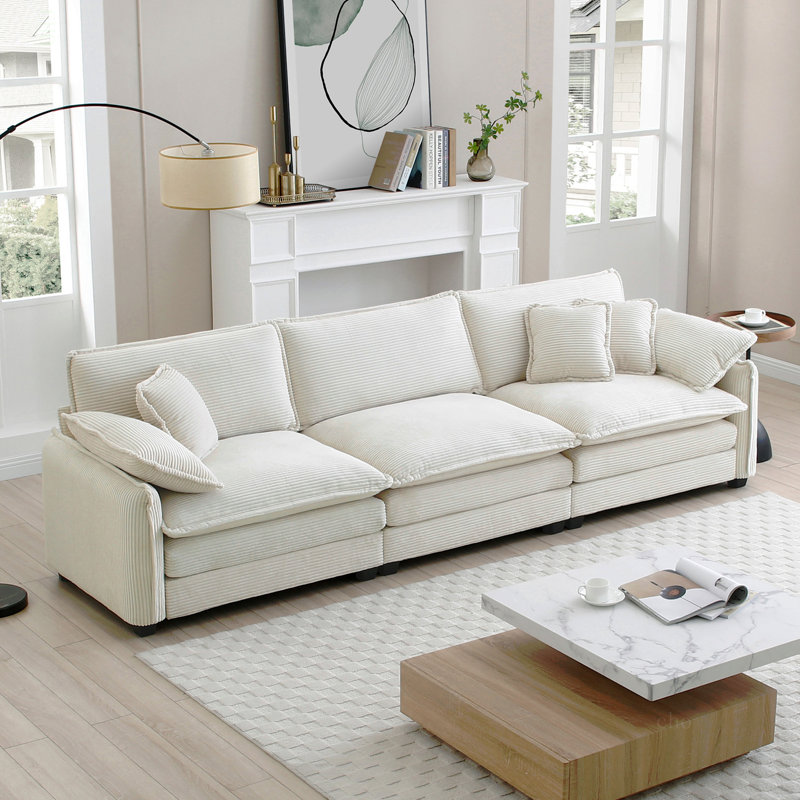 Canapé modulaire Mid-Century 3 places avec 2 accoudoirs et 3 coussins décoratifs, tissu en velours côtelé beige