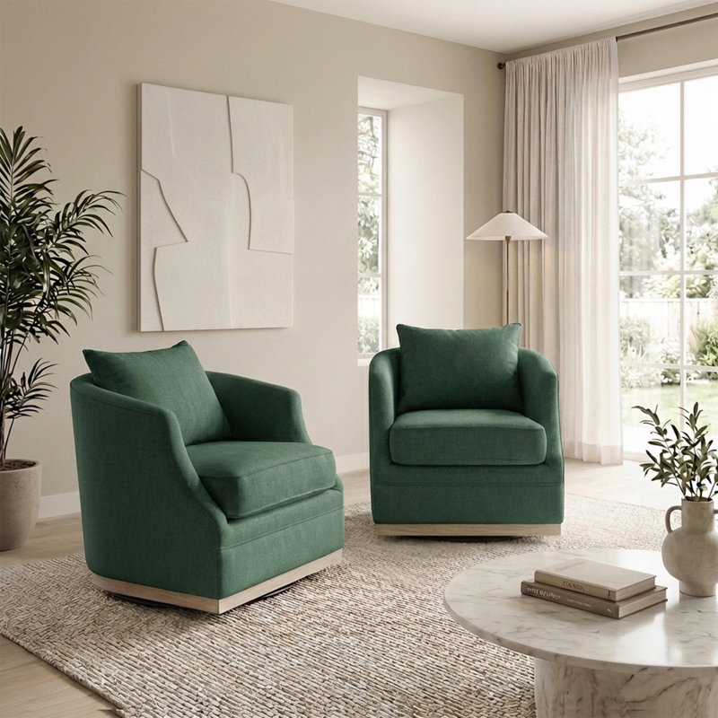 31" Wide Linen Fabric Upholstered Swivel Barrel Chair Set of 2, Green