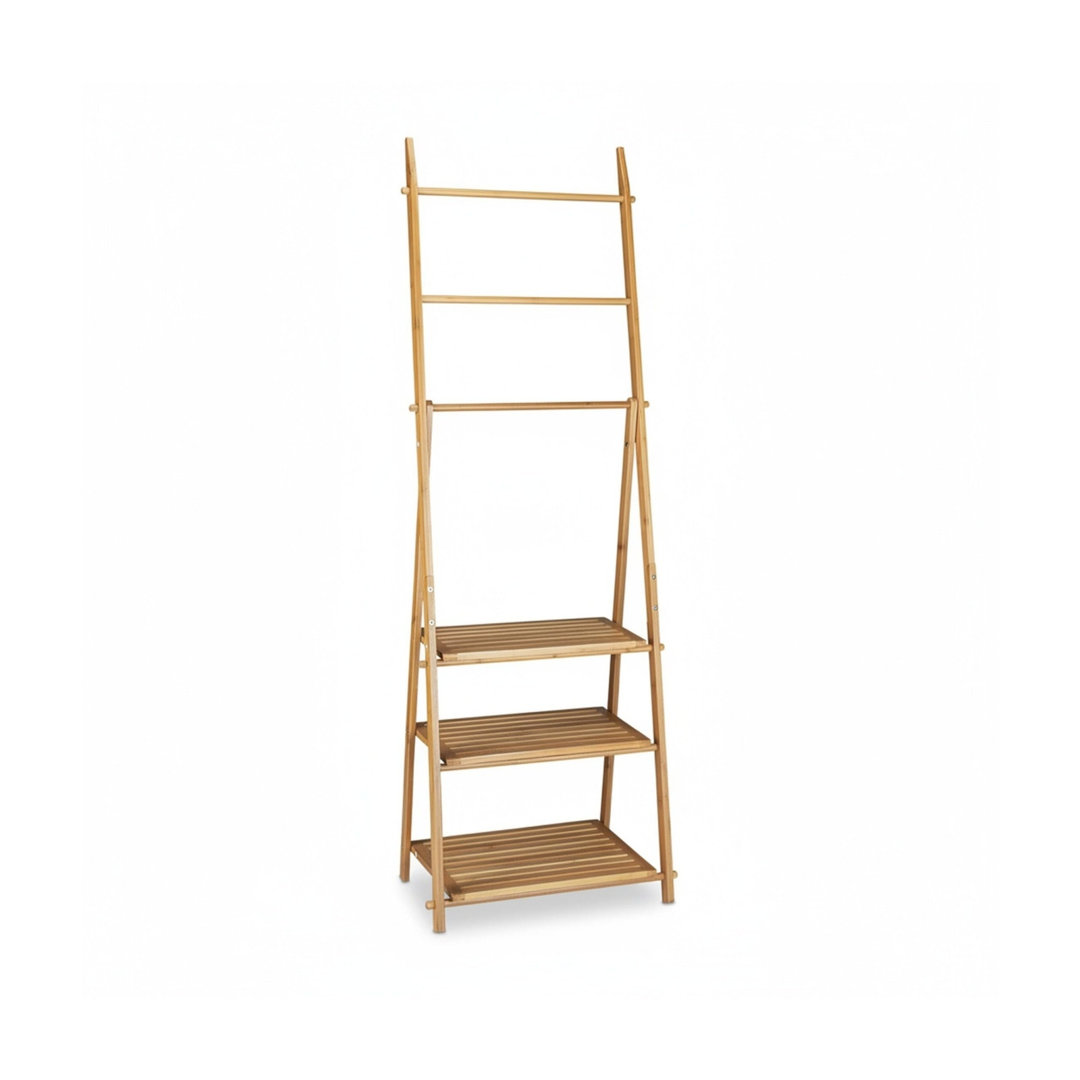 Bamboo Folding Blanket Rack 3 Rails Natural Brown