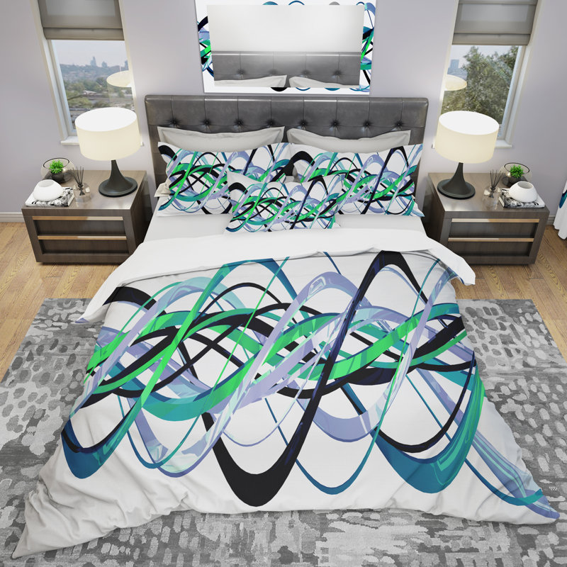 Vert et argent Helix - Ensemble de housse de couette abstrait - Microfibre de polyester, Housse simple + 1 taie