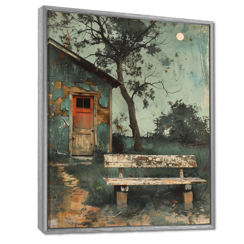 «Red Green Autumn Rustic Bench Cottage Retreat», reproduction d'art mural de ferme, Toile argentée avec cadre flottant