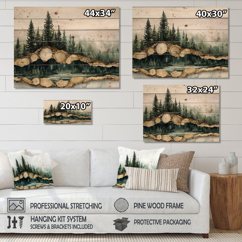 Pin émeraude sur glissade d'arbre en bois I - Décoration murale bois de forêt - sur bois de pin naturel