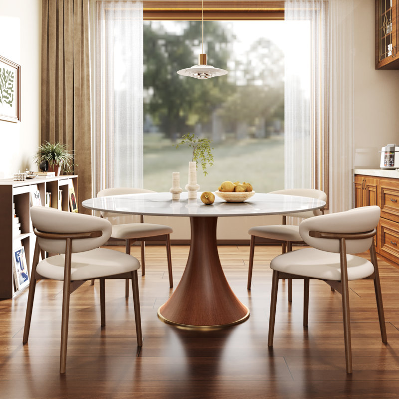 Spiro 5Pcs Round Solid Wood Dining Stylish Set With Sintered Stone Table, 4 Comfortable Upholstered Chairs, White