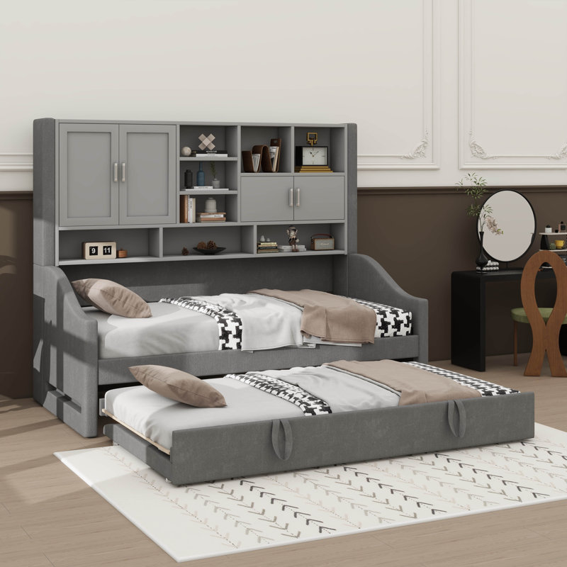 Twin Size Upholstered Daybed Featuring LED Armrest Lights, Built-In Storage Shelves & Cabinets, Gray