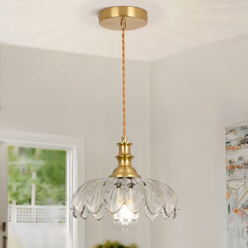 Luminaire suspendu en forme de dôme doré à 1 lumière de 10,23 po Junathean avec abat-jour en verre pétale avec cordon, Clair