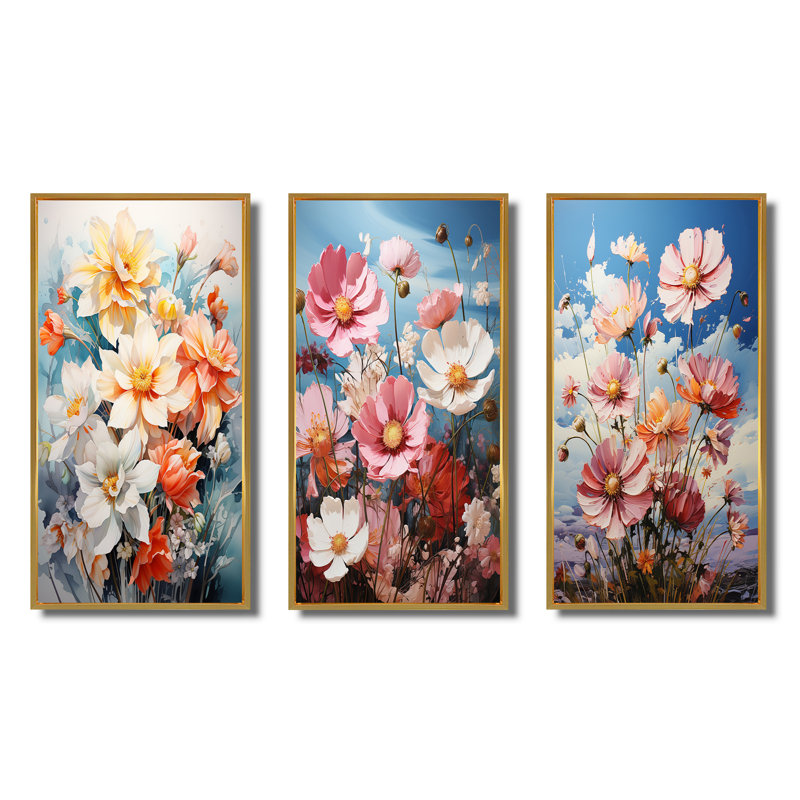 «Meadow Daffodil Dance», 3 pièces sur toile, Cadre flottant doré, H 20 po x l 36 po