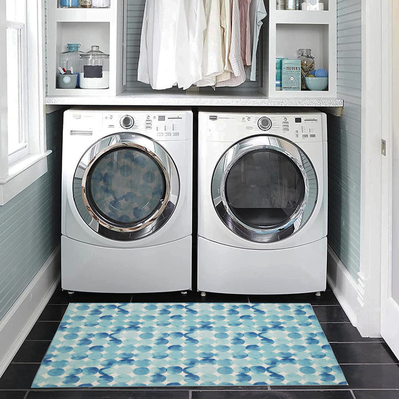 Kirrily Watercolor Circle Blue and Ivory Indoor Outdoor Machine Washable Area Rug, Rectangle 2' x 3'
